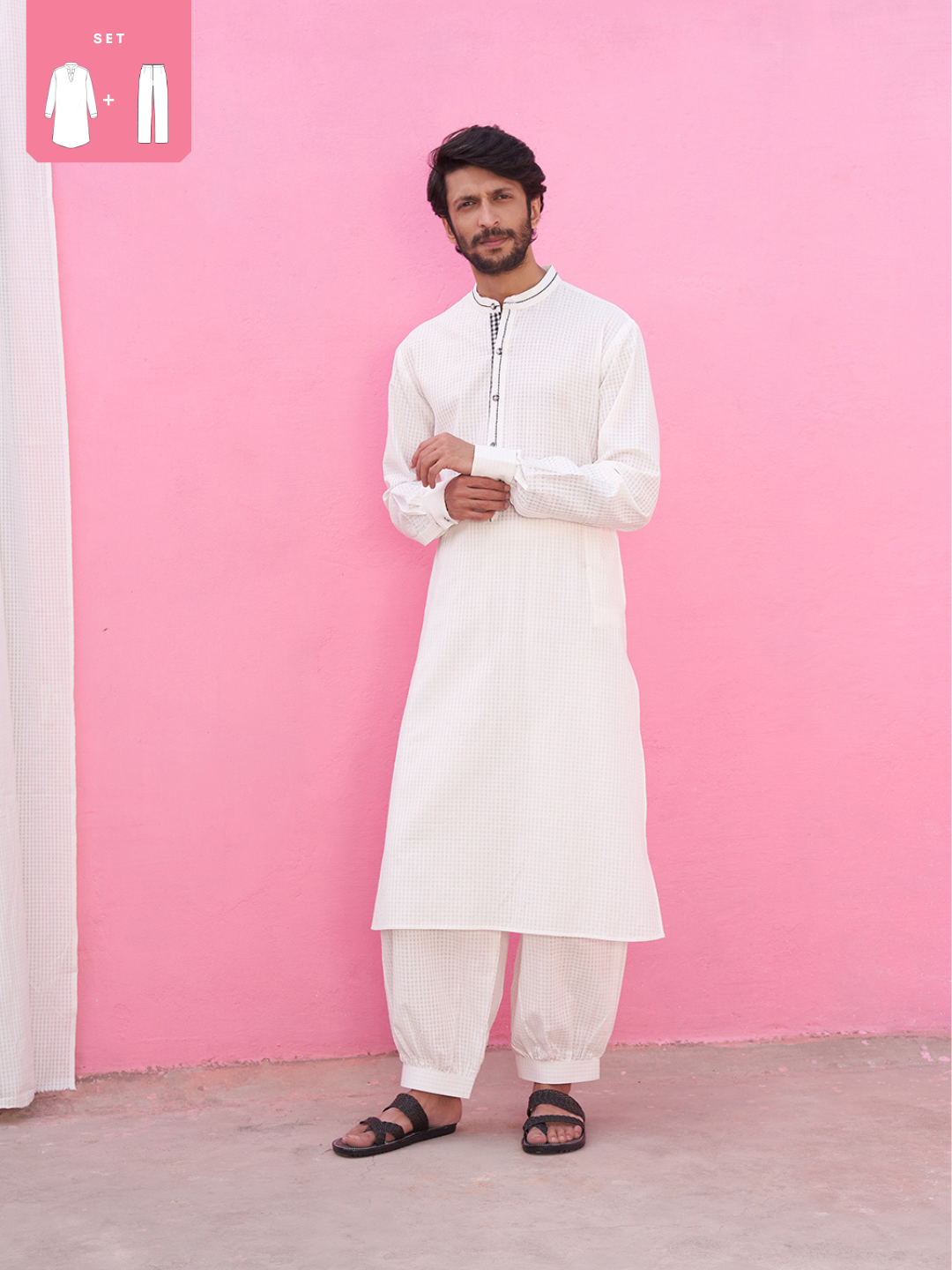 Mandarin collar white self check kurta with pathani pants