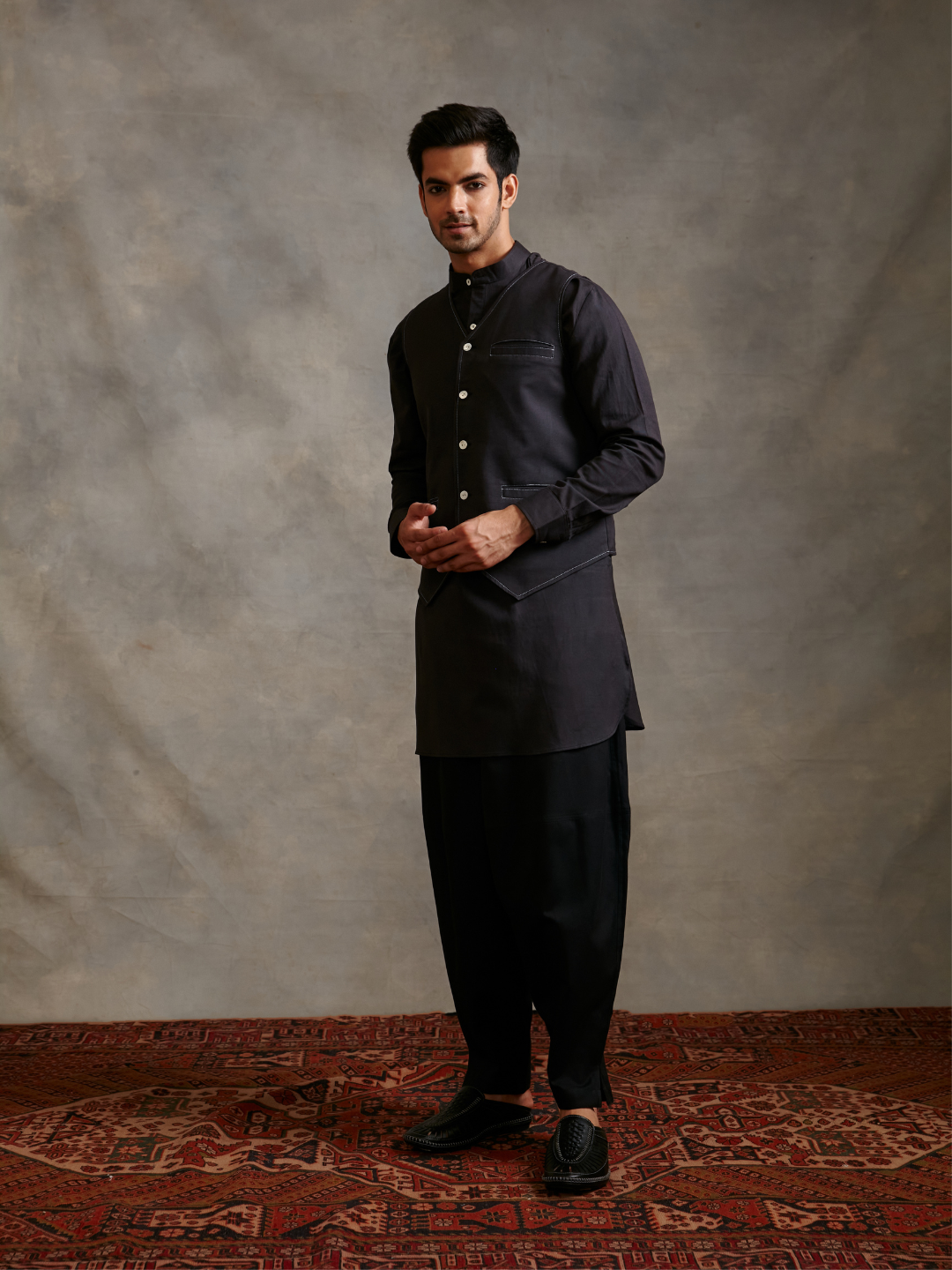 Black kurta and clearance waistcoat