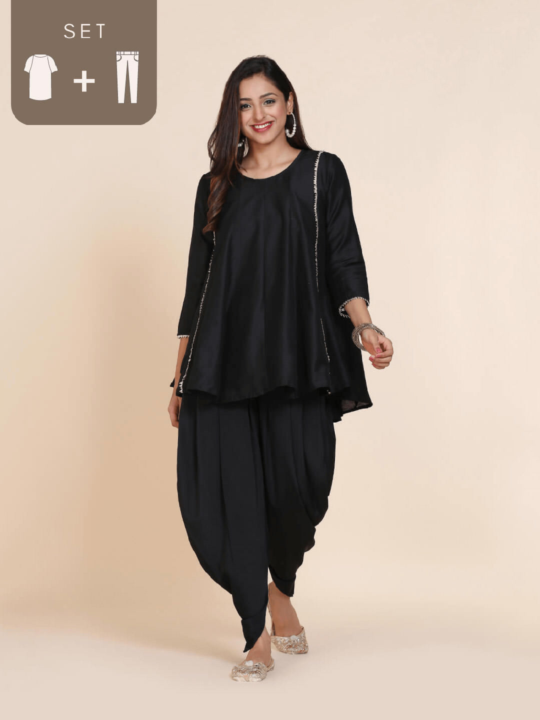 Black Short Frock Style Kurti With Dhoti Set.