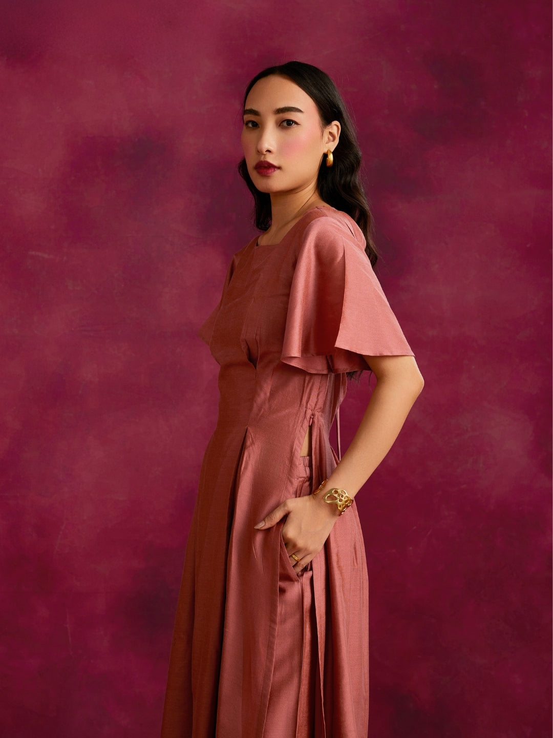 Pleated front with back cut out Kurta Set- Rose brown