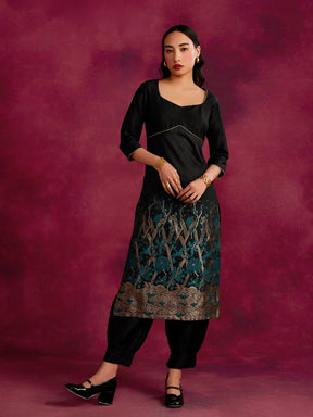 Adjustable back cut-out kurta with zari work hem- Black