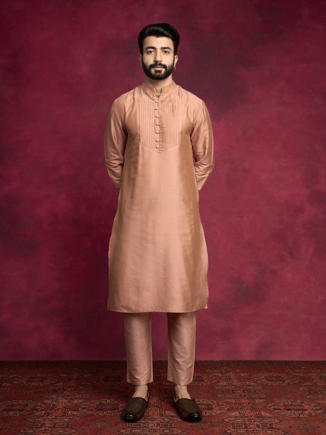 Pleated neck yoke straight kurta Set- Coffee brown