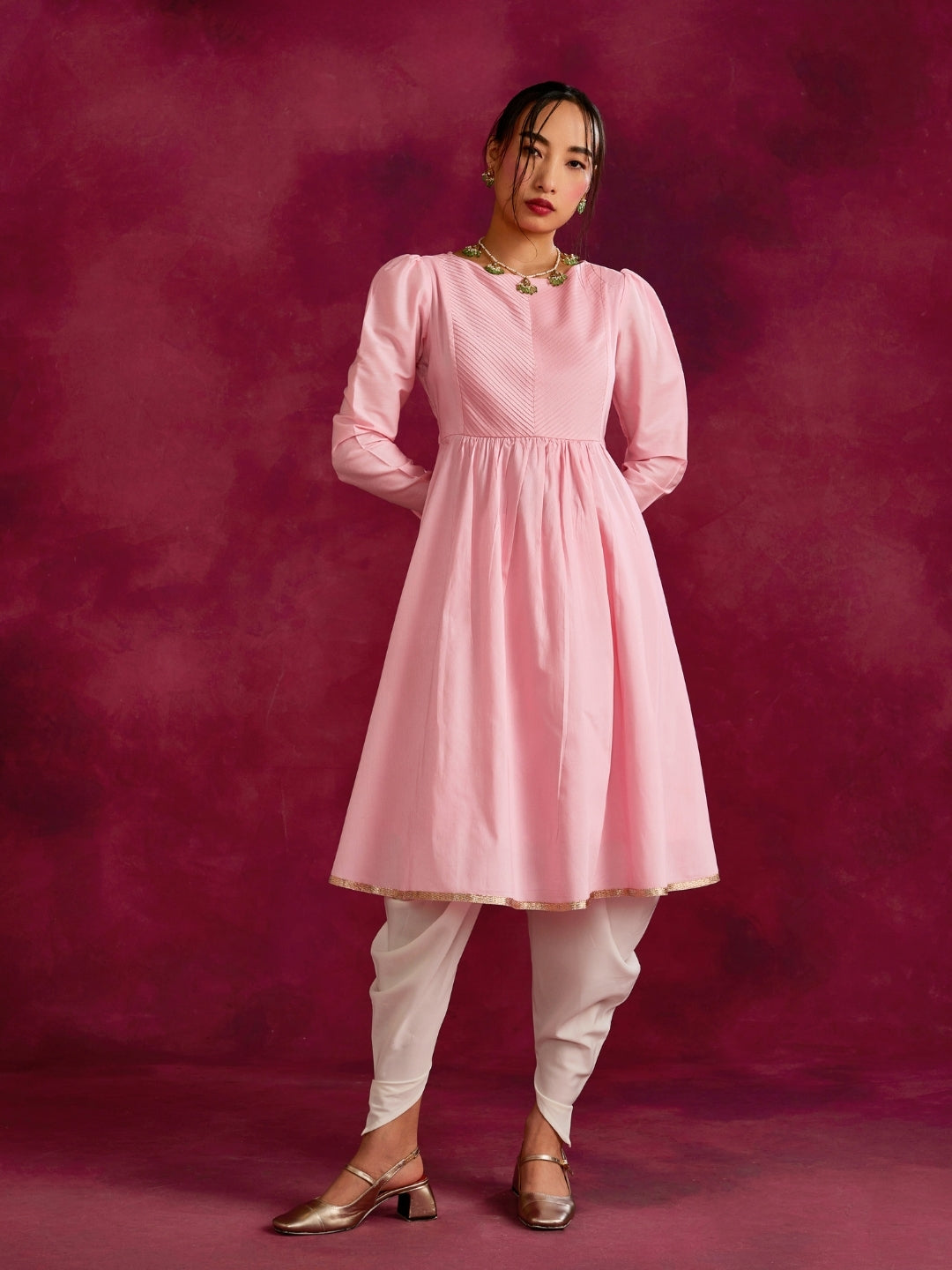 Pintucked yoke flared kurta Set- Sakura pink