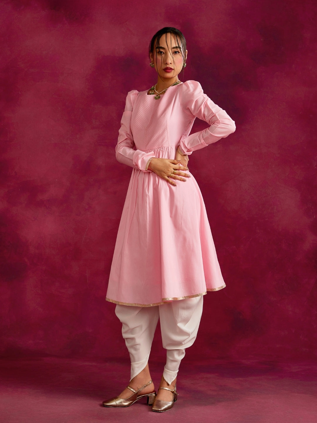 Pintucked yoke flared kurta Set- Sakura pink