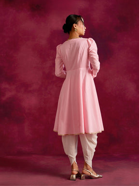 Pintucked yoke flared kurta Set- Sakura pink