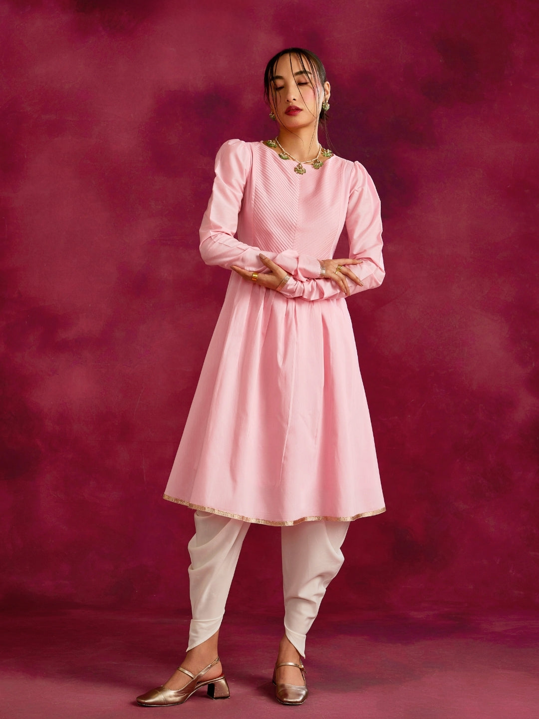 Pintucked yoke flared kurta Set- Sakura pink