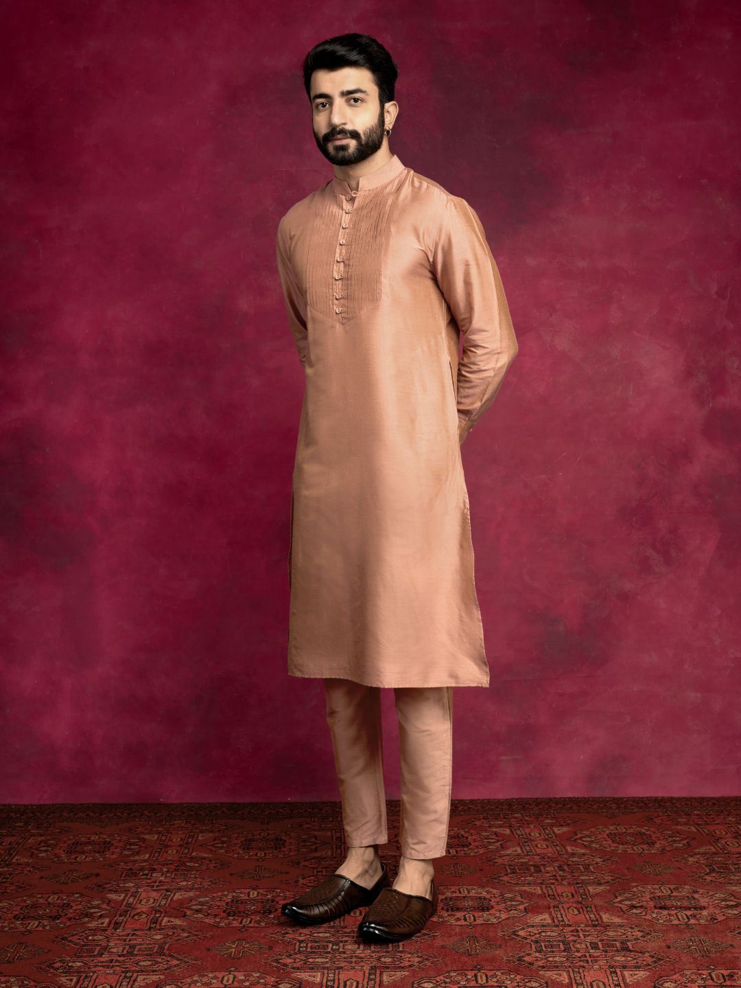 Pleated neck yoke straight kurta- Coffee brown