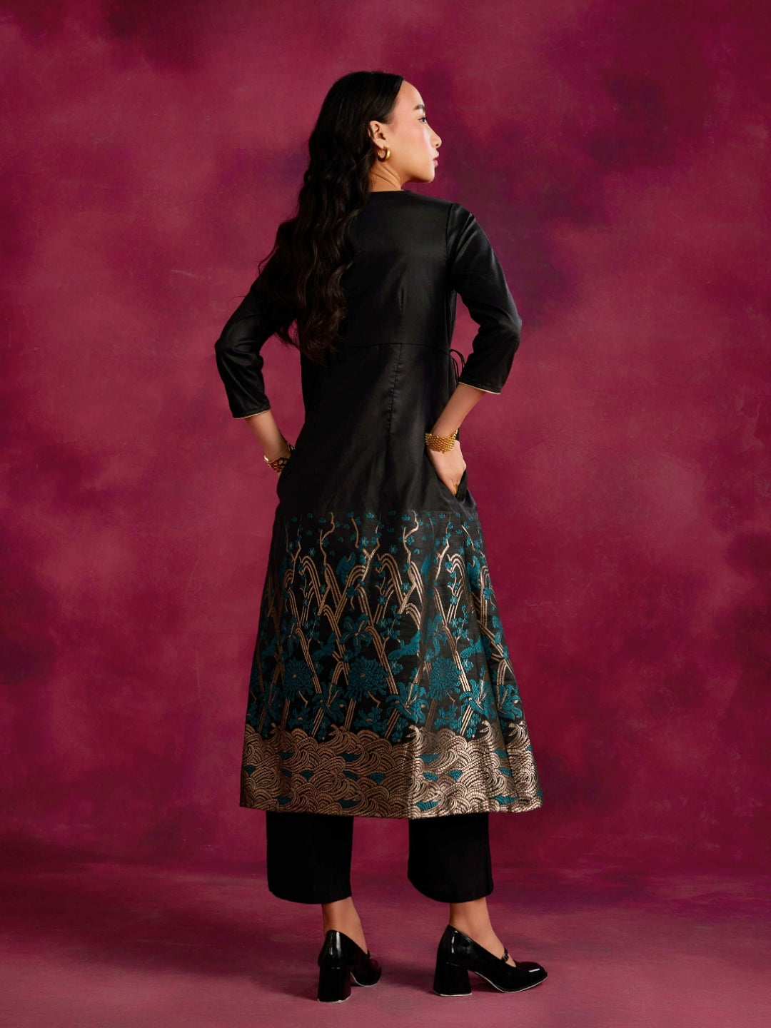 Angrakha kurta with zari work hem- Black