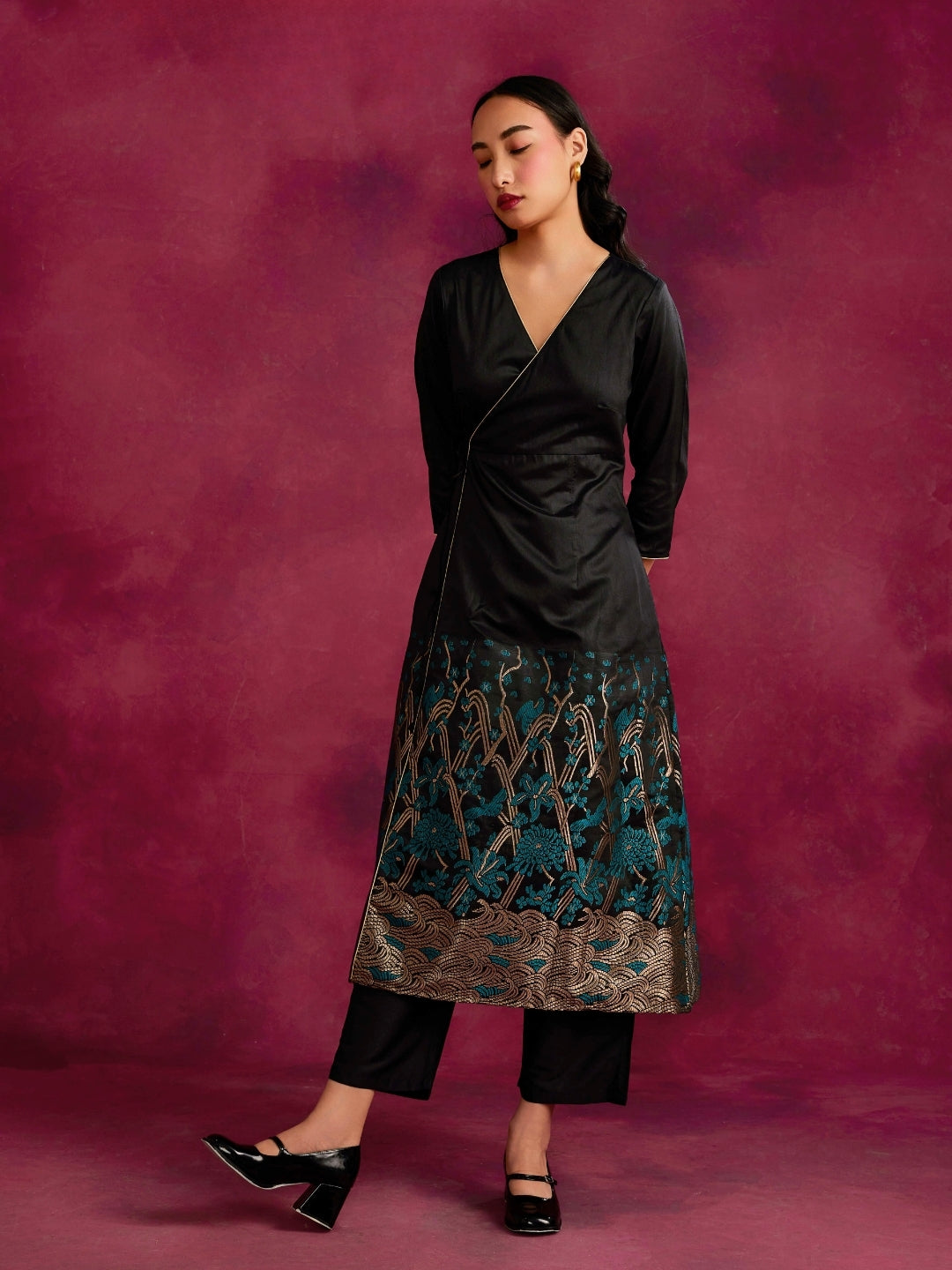 Angrakha kurta with zari work hem- Black