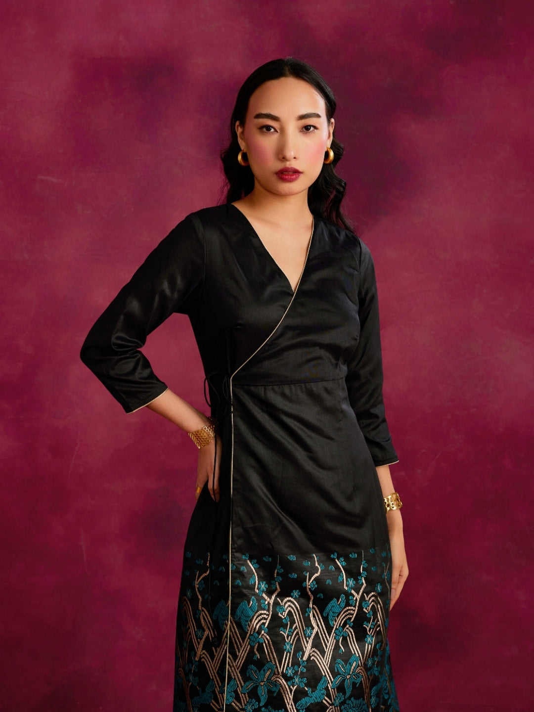 Angrakha kurta with zari work hem- Black