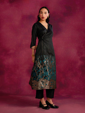 Angrakha kurta with zari work hem- Black