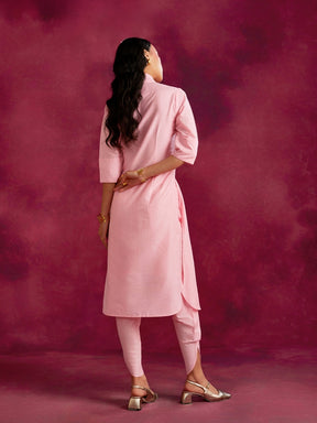 Shawl collar overlapped kurta with tie-up- Sakura pink