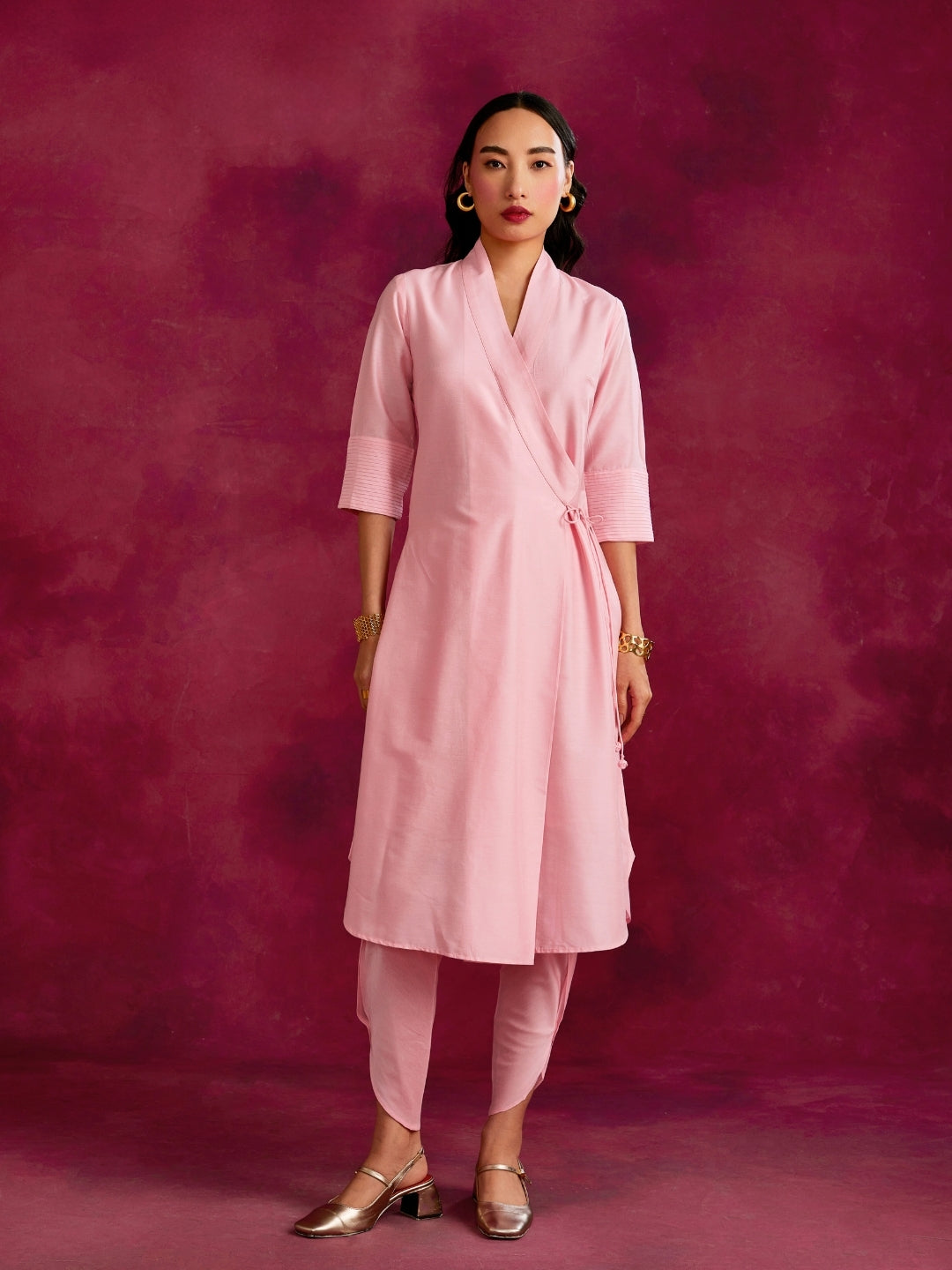 Shawl collar overlapped kurta with tie-up- Sakura pink