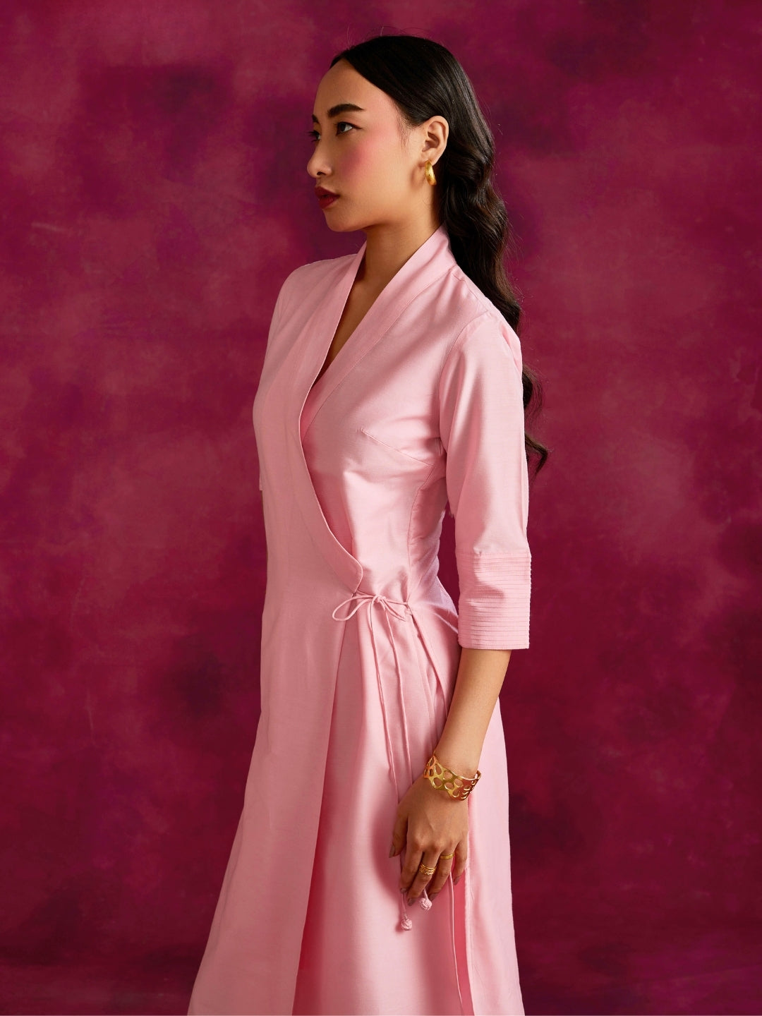 Shawl collar overlapped kurta with tie-up- Sakura pink