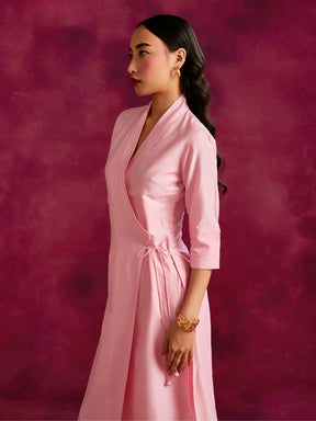 Shawl collar overlapped kurta Set- Sakura pink