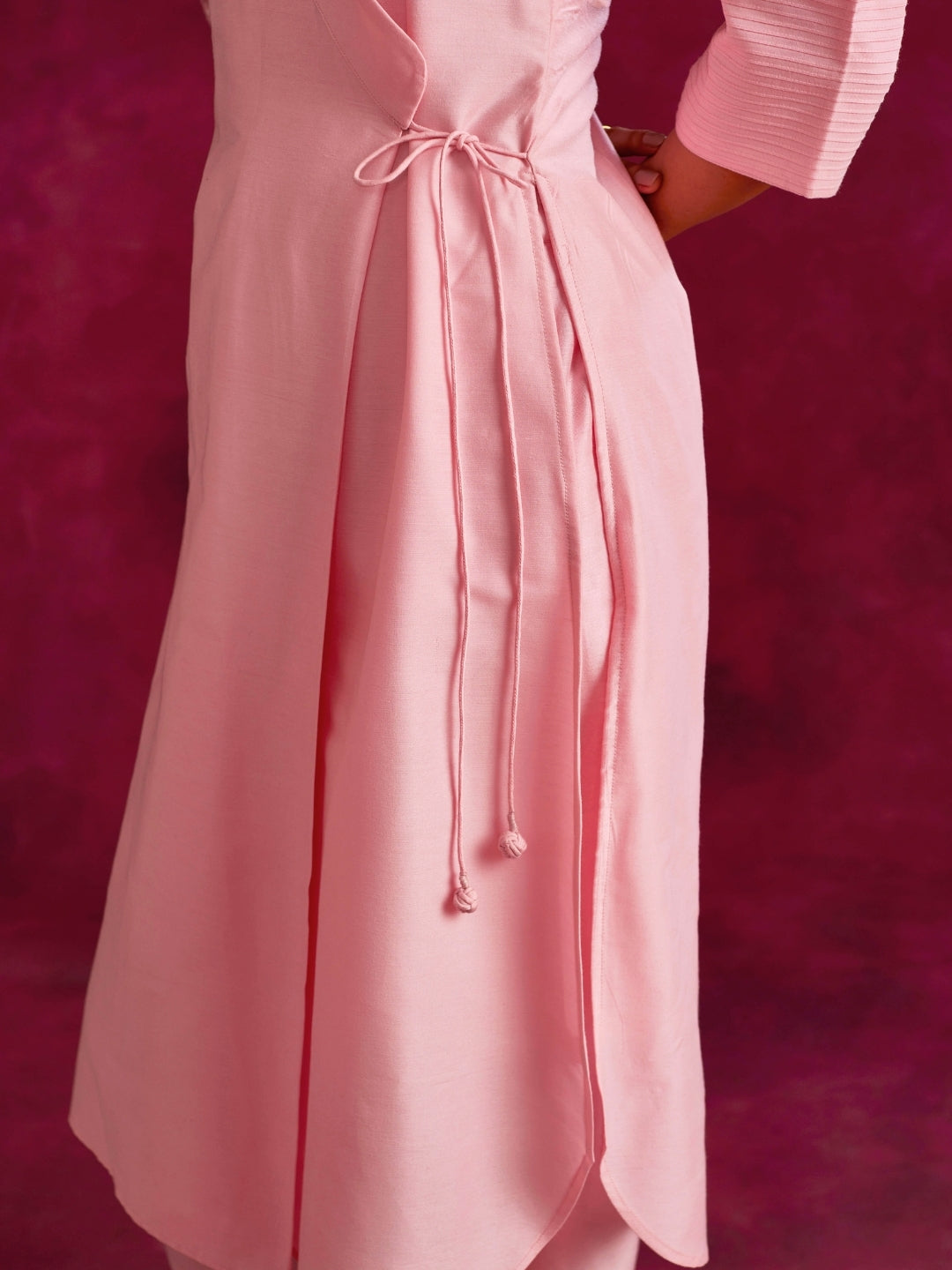 Shawl collar overlapped kurta with tie-up- Sakura pink