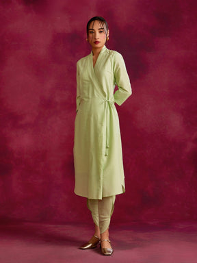 Shawl collar overlapped kurta with tie-up- Pistachio green