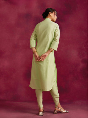 Shawl collar overlapped kurta with tie-up- Pistachio green