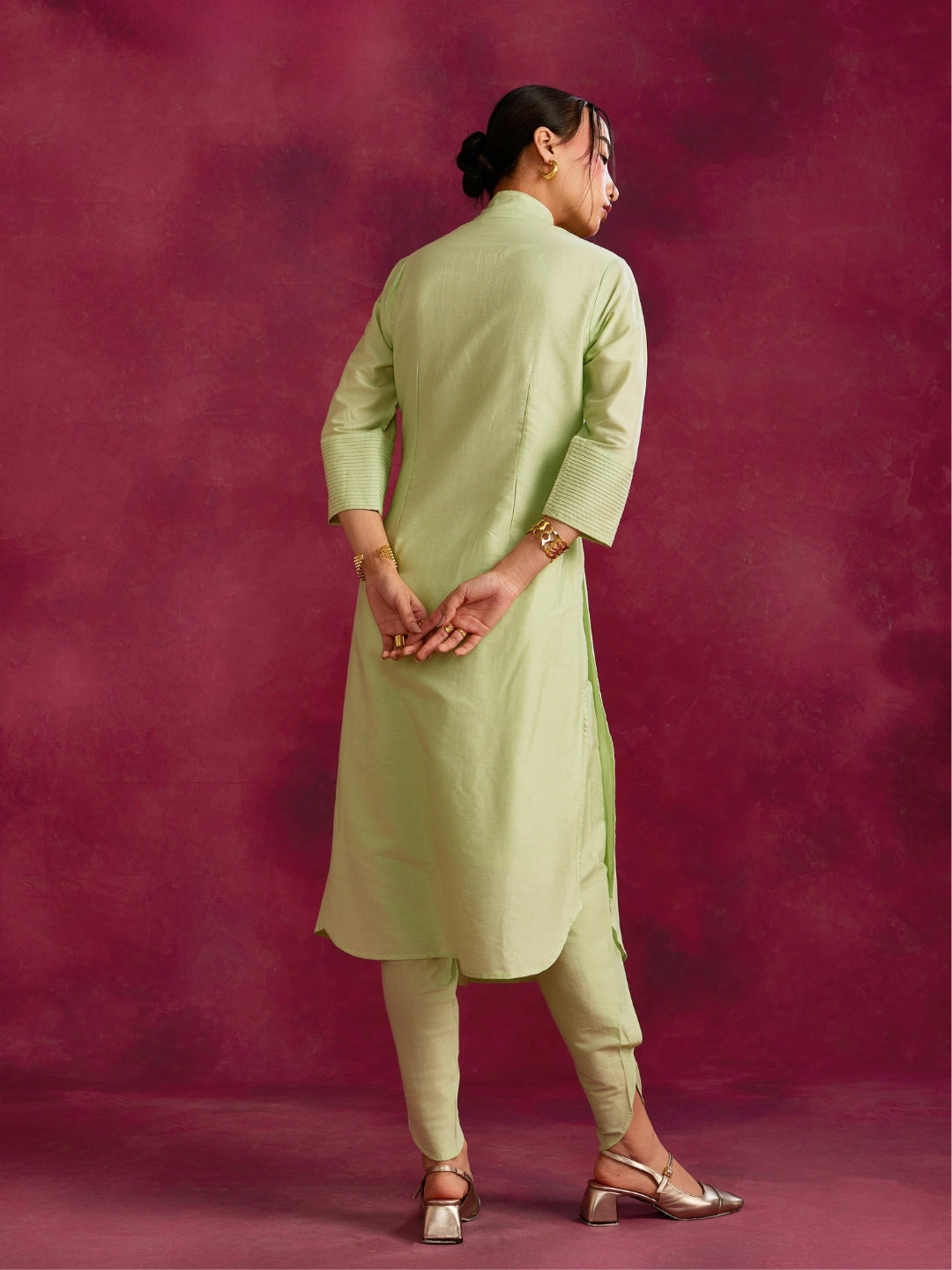 Shawl collar overlapped kurta Set- Pistachio green