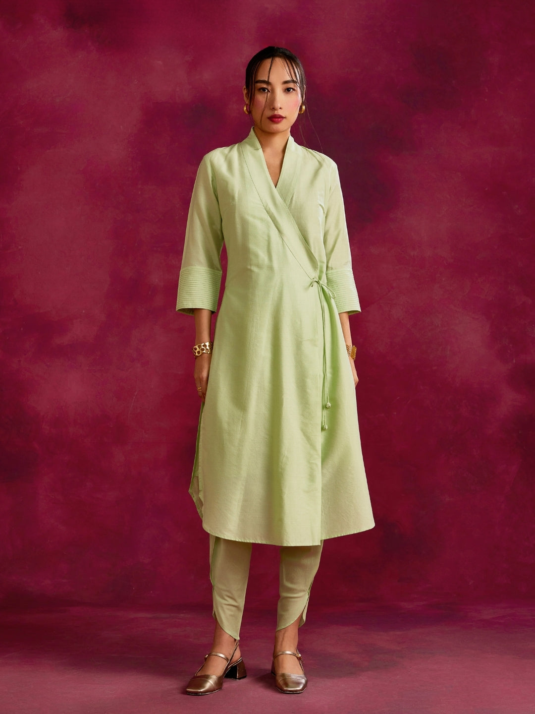 Shawl collar overlapped kurta with tie-up- Pistachio green