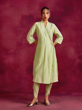 Shawl collar overlapped kurta with tie-up- Pistachio green