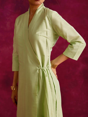 Shawl collar overlapped kurta with tie-up- Pistachio green