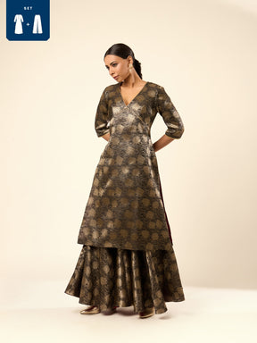 Lotus Jaal Baranasi Silk Kurta paired with Sharara- Black