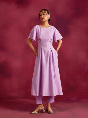 Pleated front kurta with back cut-out- Lavender