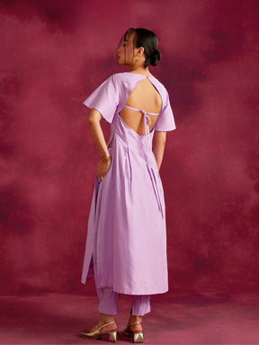 Pleated front with back cut out Kurta Set- Lavender