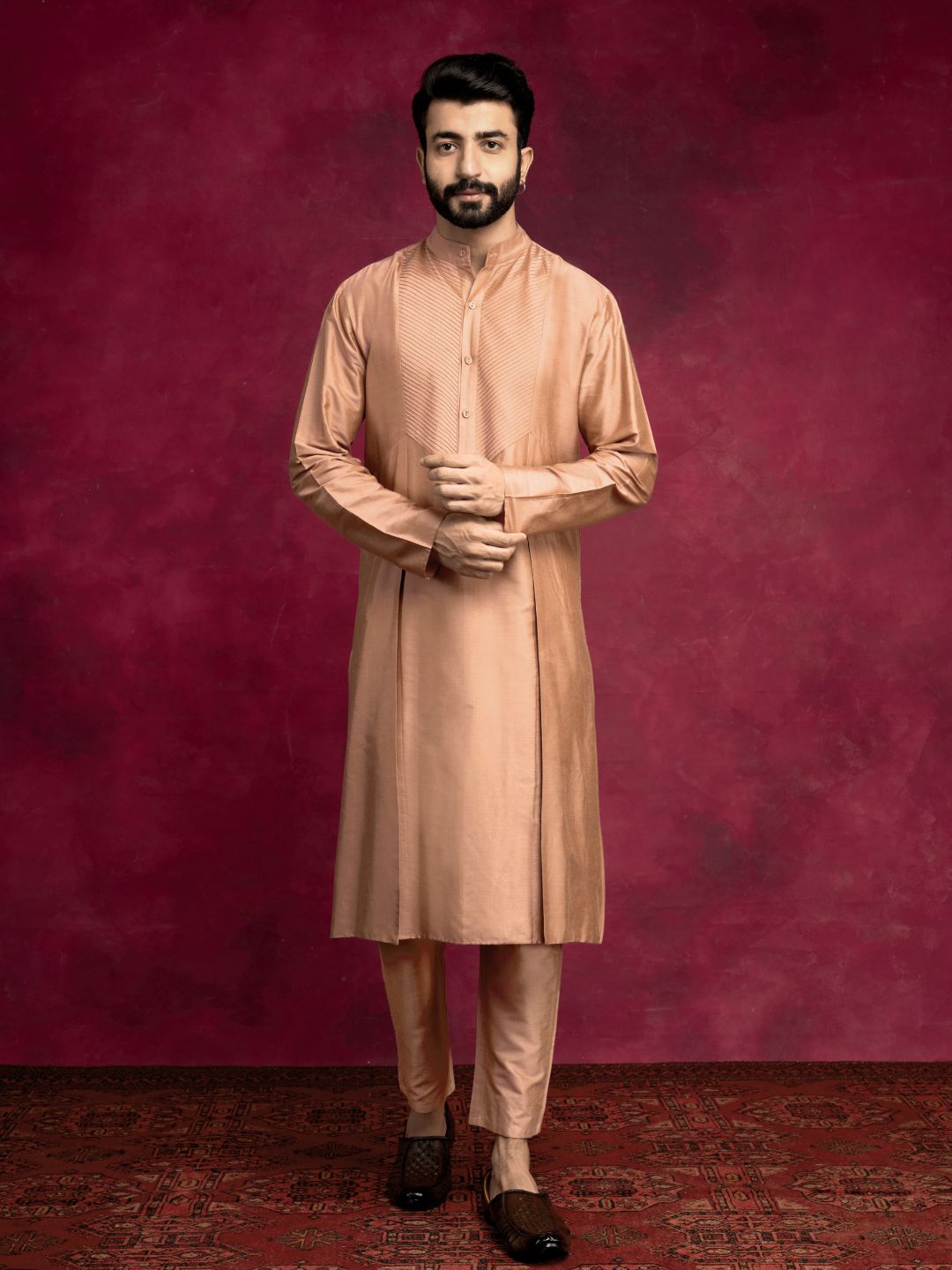 Pintuck neck yoke side panel kurta Set - Coffee brown