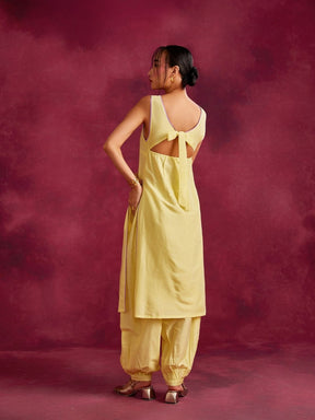 Inverted pleat front kurta with back tie-up- Lemon yellow