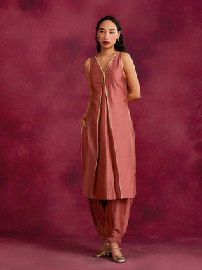 Inverted pleat front kurta with back tie-up Set- Rose brown