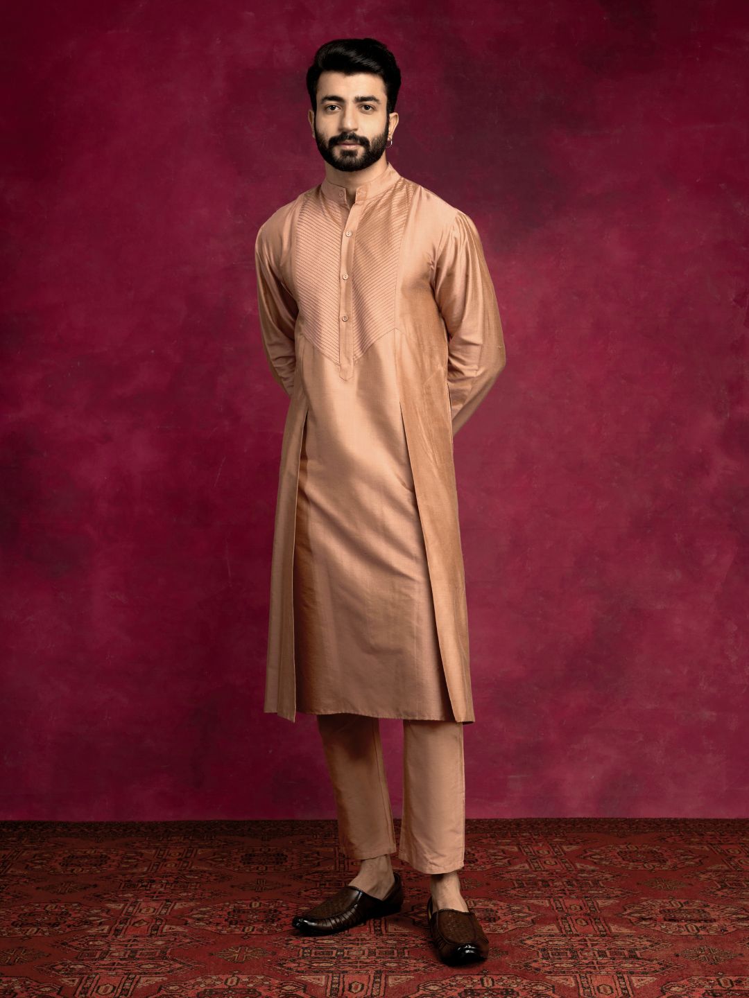 Pintuck neck yoke side panel kurta- Coffee brown