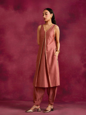 Inverted pleat front kurta with back tie-up Set- Rose brown