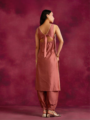 Inverted pleat front kurta with back tie-up Set- Rose brown