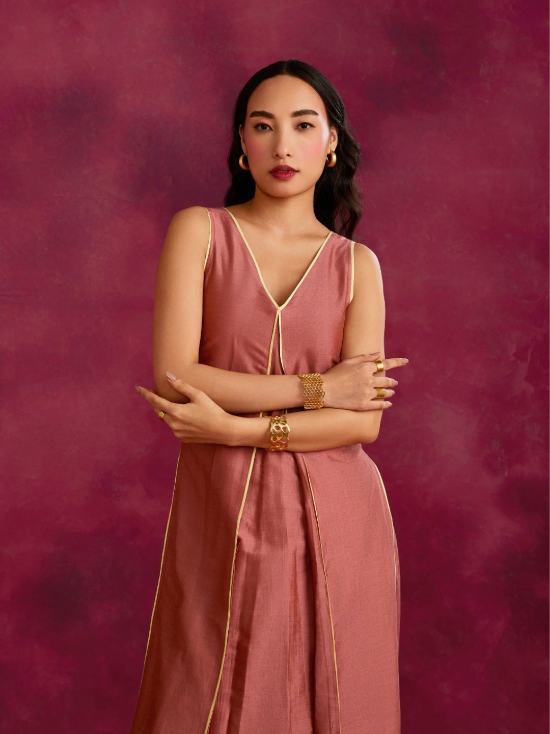 Inverted pleat front kurta with back tie-up Set- Rose brown