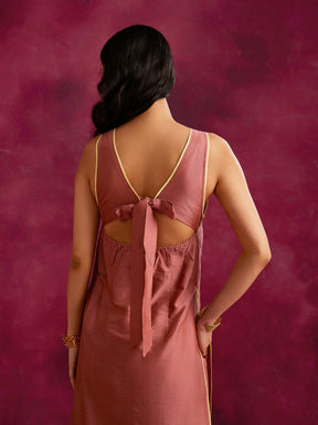 Inverted pleat front kurta with back tie-up Set- Rose brown