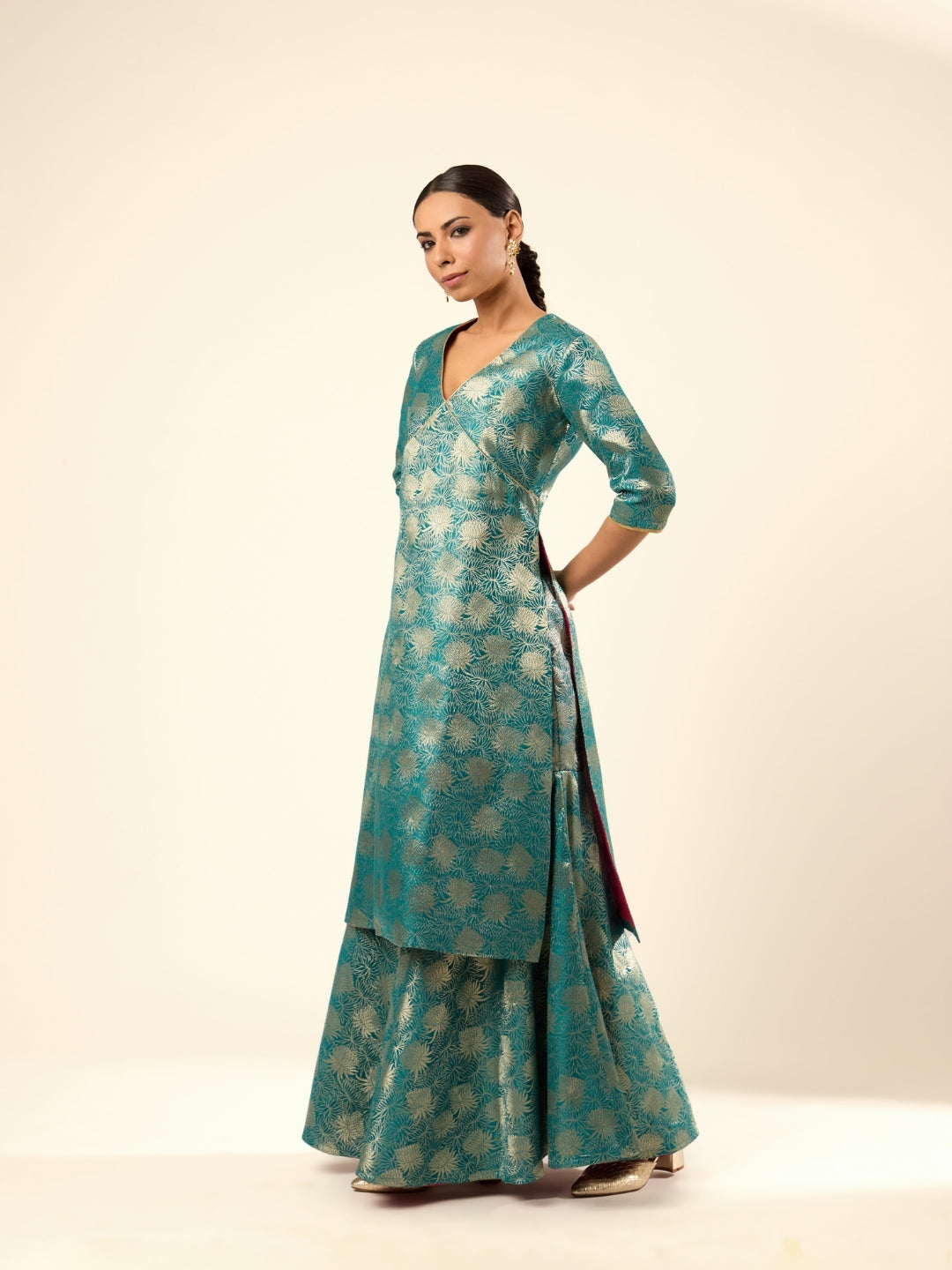 Lotus Jaal Baranasi Silk Kurta- Teal