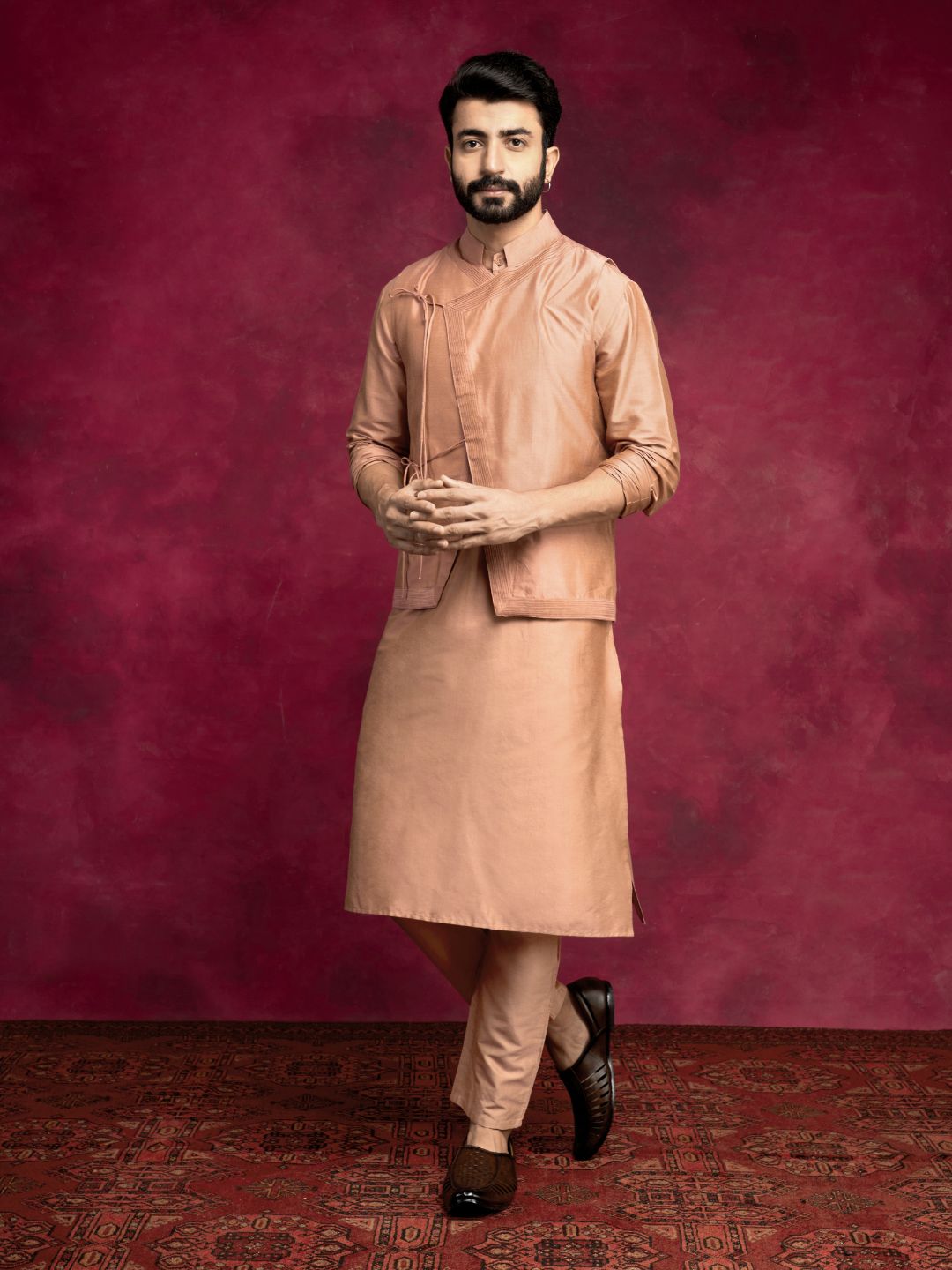 Straight kurta layered with asymmetrical jacket Set-Coffee brown