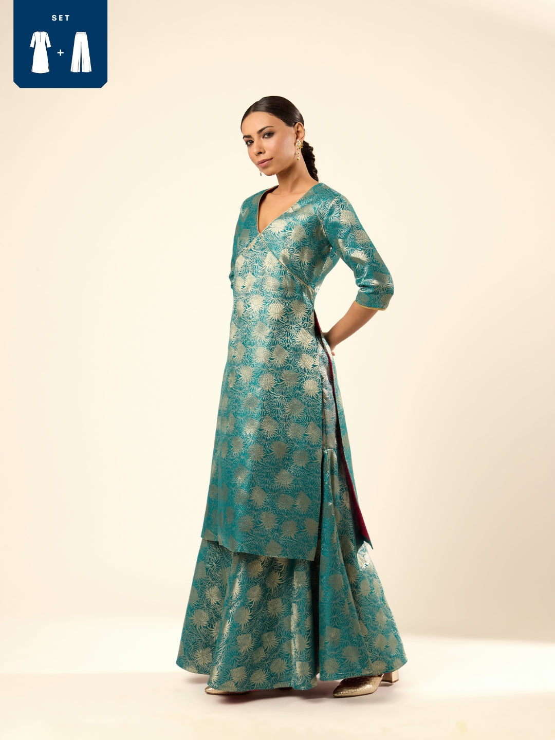 Lotus Jaal Baranasi Silk Kurta paired with Sharara- Teal