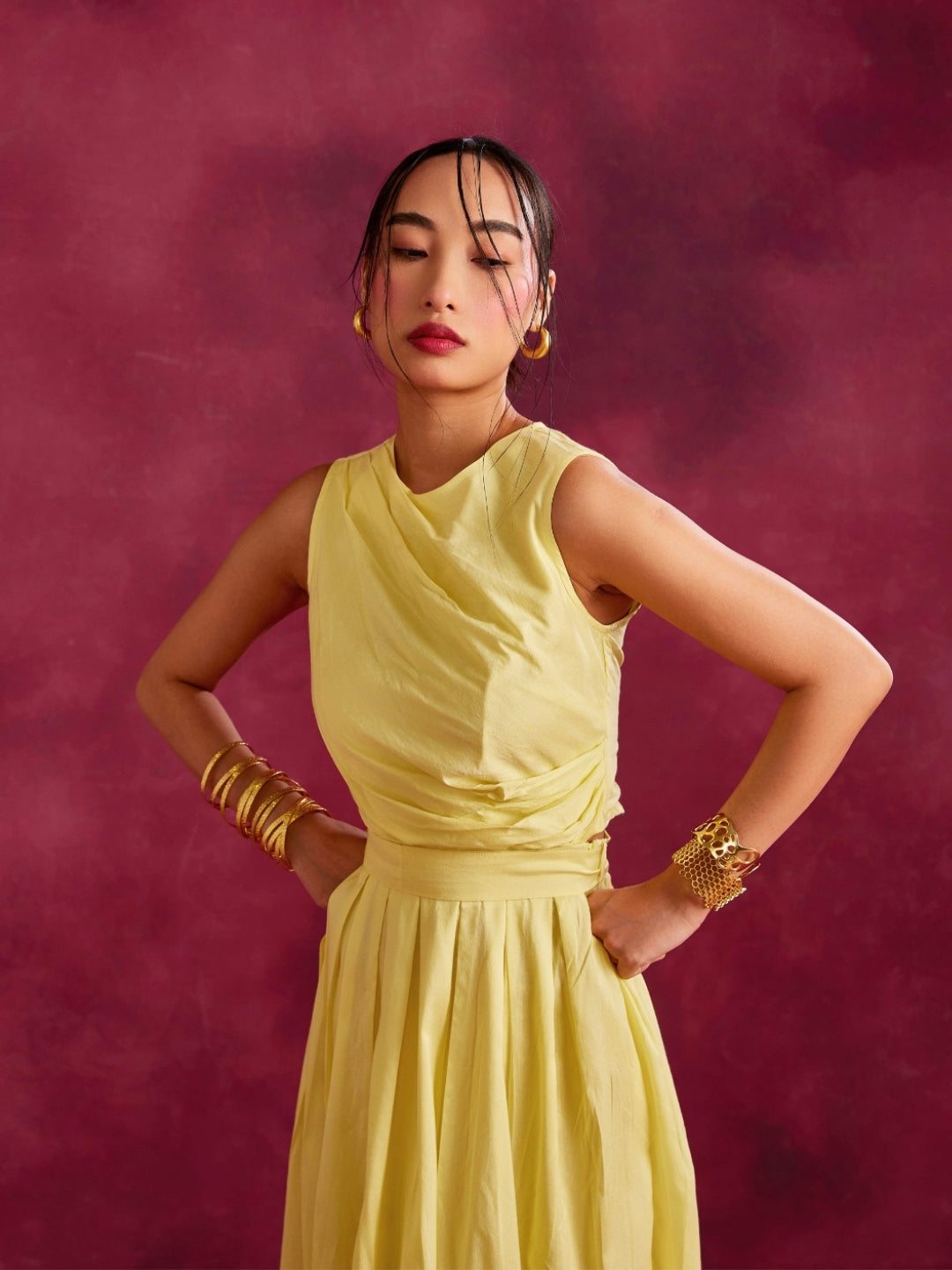 Pleated drape top with box pleated skirt- Lemon yellow