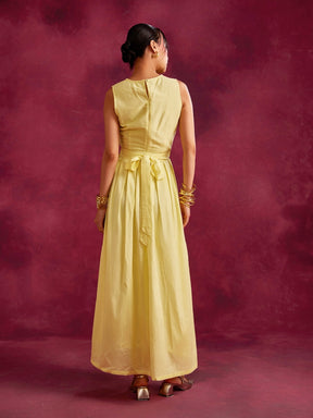 Pleated drape top with box pleated skirt- Lemon yellow