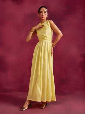 Pleated drape top with box pleated skirt- Lemon yellow