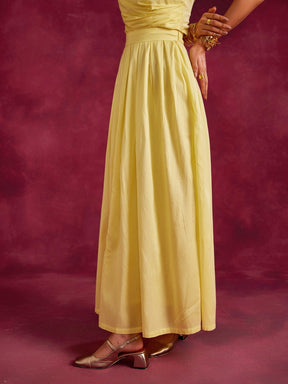 Pleated drape top with box pleated skirt- Lemon yellow