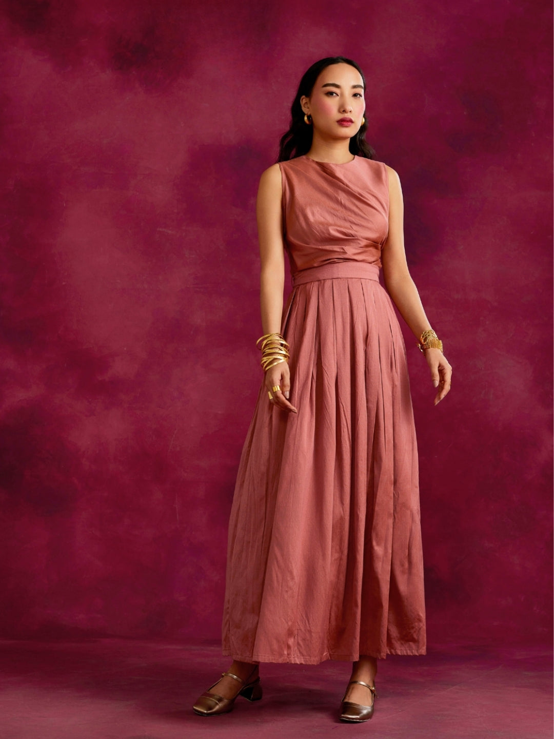 Pleated drape top with box pleated skirt- Rose brown