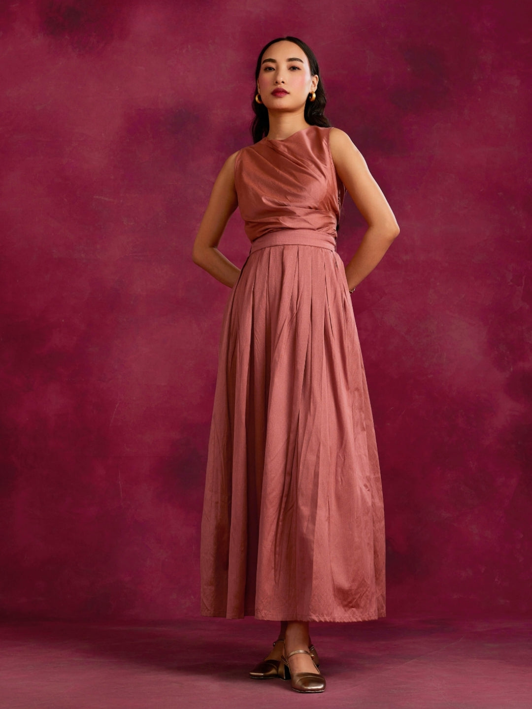 Pleated drape top with box pleated skirt- Rose brown