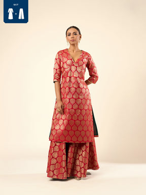 Paan Zari Baranasi Silk Kurta paired with Sharara- Red