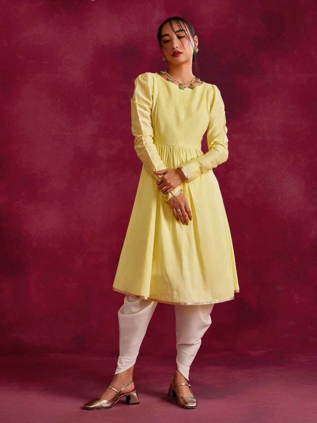 Pintucked yoke flared kurta- Lemon yellow