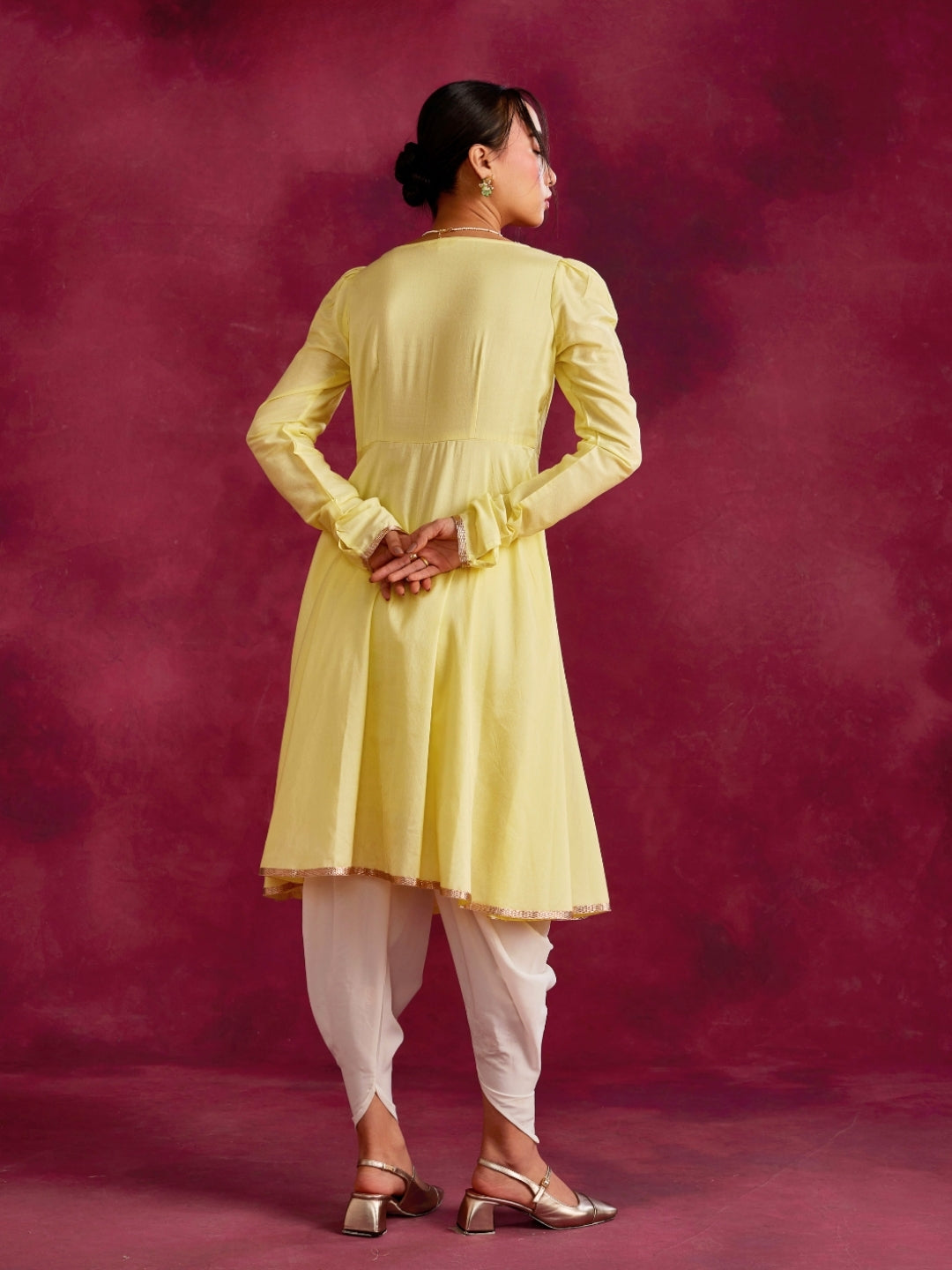 Pintucked yoke flared kurta- Lemon yellow