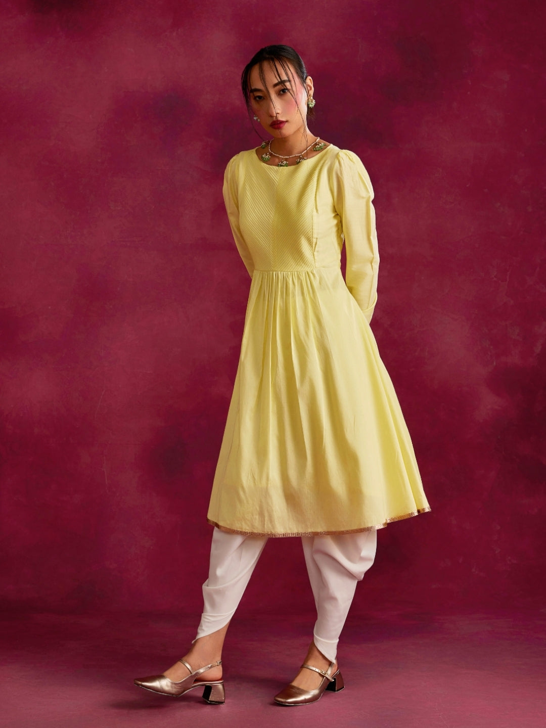 Pintucked yoke flared kurta- Lemon yellow